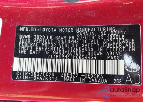 2017 Toyota Corolla Se from USA, damaged, VIN 2T1BURHE1HC854434